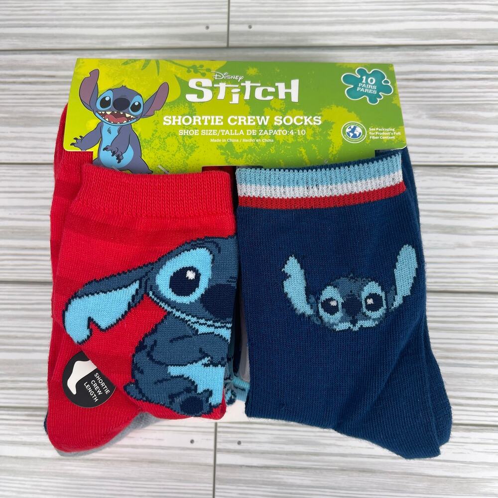 F0073 Disney Stitch Women's Graphic Crew Socks 10-Pack Sizes 4-10